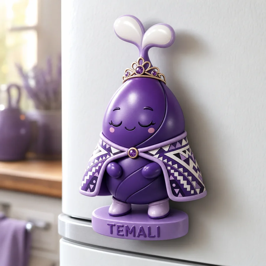 A 3D-printed Temo seed-astronaut character on a fridge, tapped with a phone to contribute