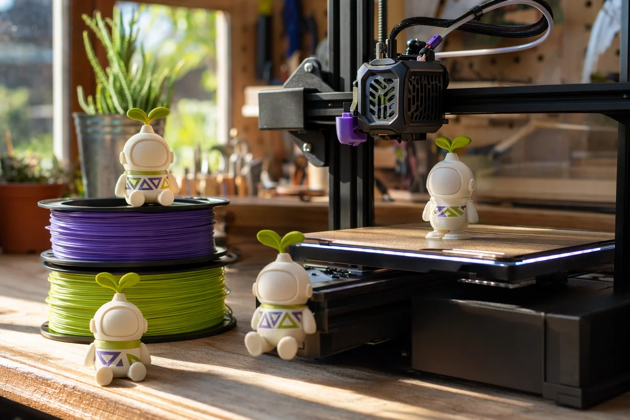A 3D printer making a Temo seed-astronaut character on a maker's desk